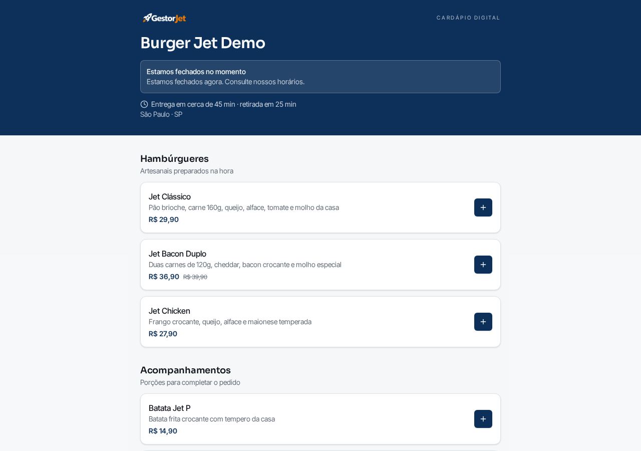 Cardápio público da Burger Jet Demo