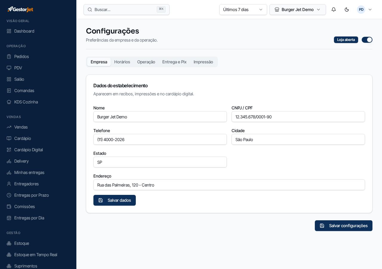 Configurações da loja